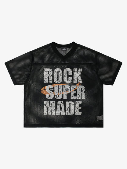 Mesh Rock Super Made V-Neck T-Shirt - Breathable Lightweight Streetwear Tee for Men 