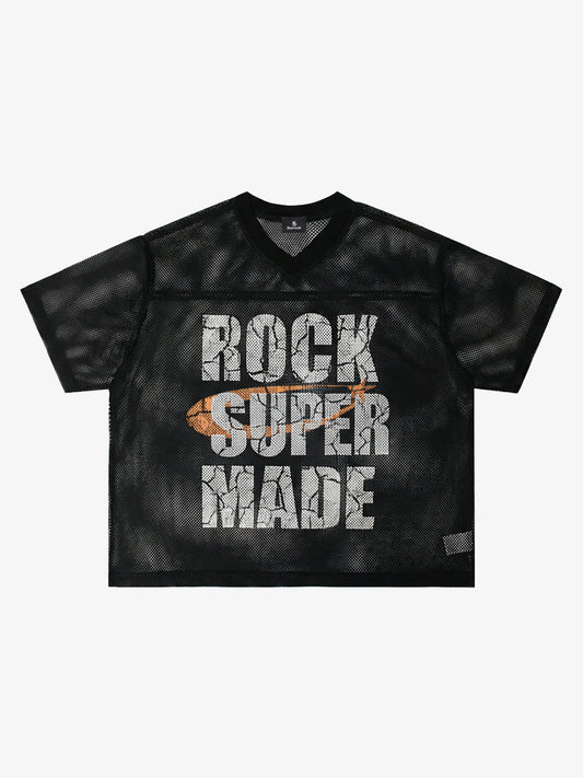 Mesh Rock Super Made V-Neck T-Shirt - Breathable Lightweight Streetwear Tee for Men 