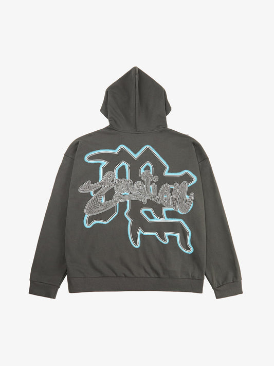 Vintage Blindfolded Angel Rhinestone Zip-Up Hoodie 