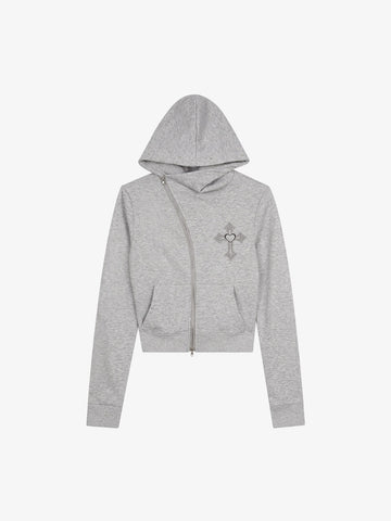 Rhinestone Asymmetrical Placket Zip-Up Hoodie