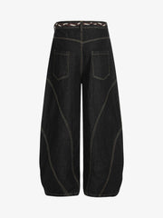 Denim Retro Belt Detail With Patchwork Barrel Jeans - 2490 