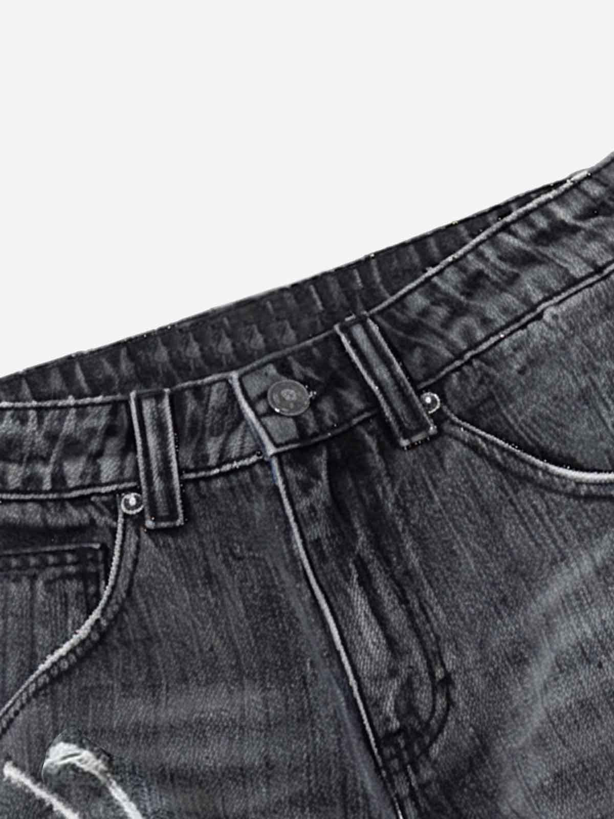 Ripped Letter Wide-Leg Denim Shorts