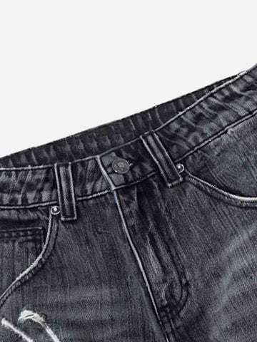 Ripped Letter Wide-Leg Denim Shorts