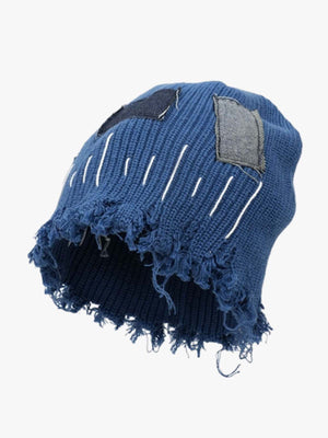 Distressed Denim Patchwork Beanie 
