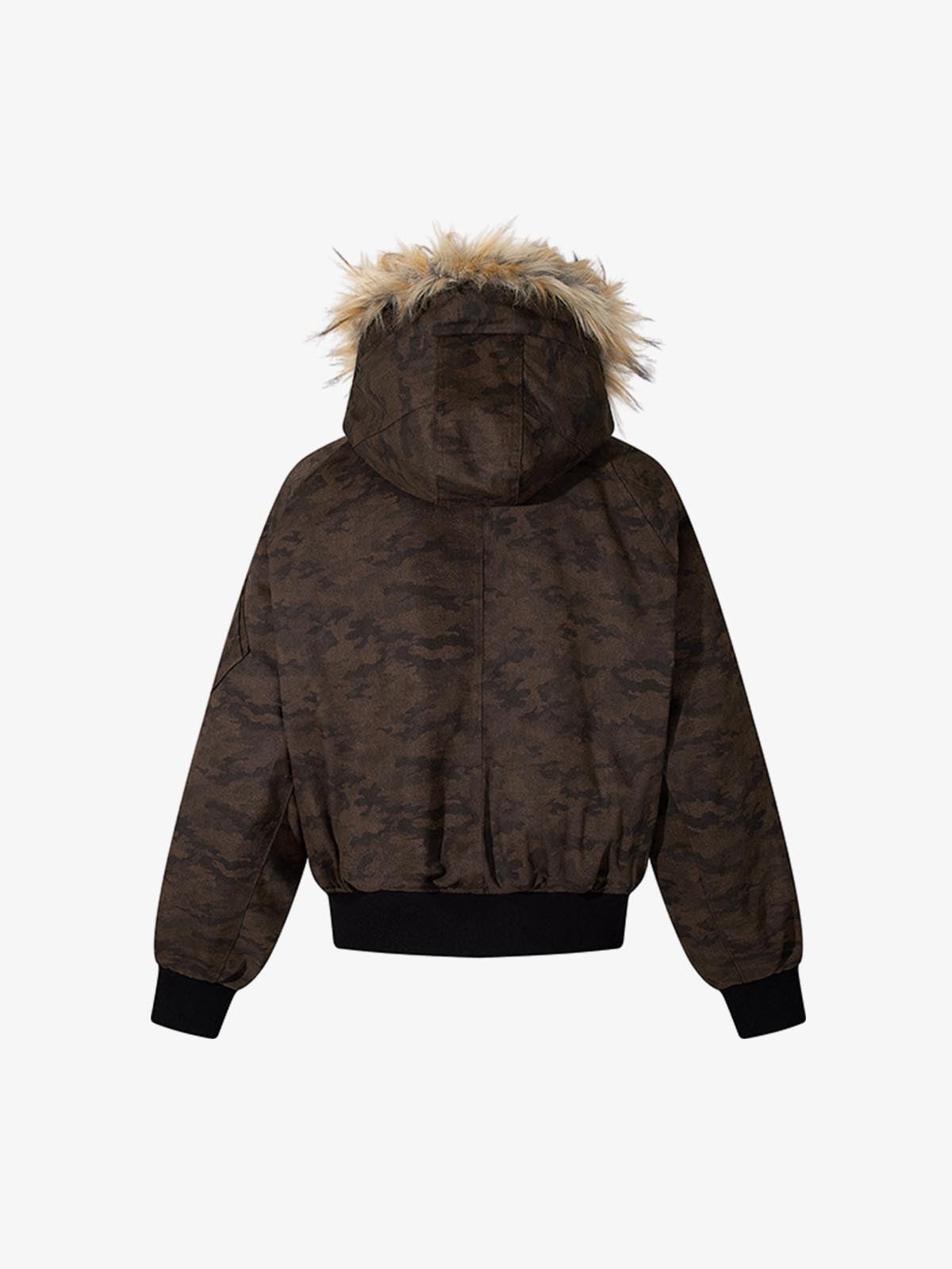 Camouflage Print Detachable Fur Hood Bomber Jacket 