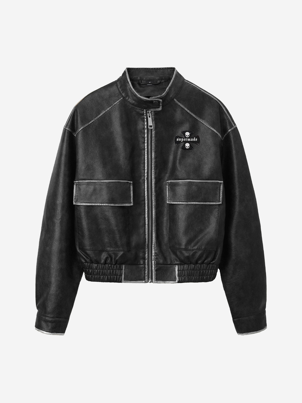 Embroidered Distressed Faux Leather Cropped Bomber Jacket
