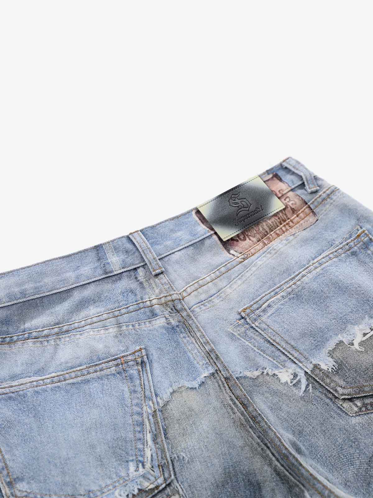 Vintage Distressed Print Wide Leg Jeans 