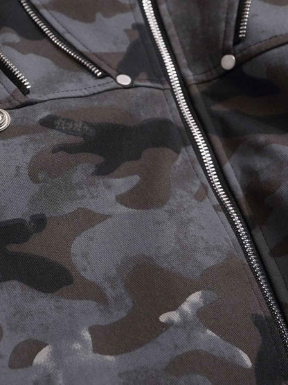 Camoflage Faux Fur Collar Zip Design Bomber Jacket 