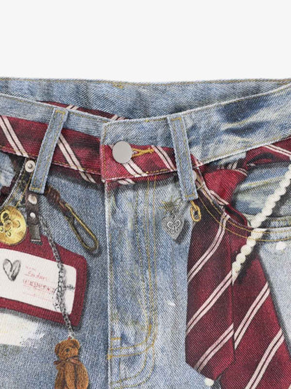 Denim Wide Leg Baggy Jeans with Tie and Pearl Chain Detail for Women Fashion Streetwear 