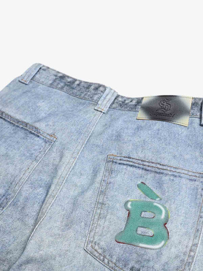 Denim Wide Leg Jeans with Dalmatian Print and Studs, Distressed Design for Streetwear Fashion 