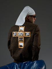 Cross Frame Leopard Print Baseball Jacket - 2572 