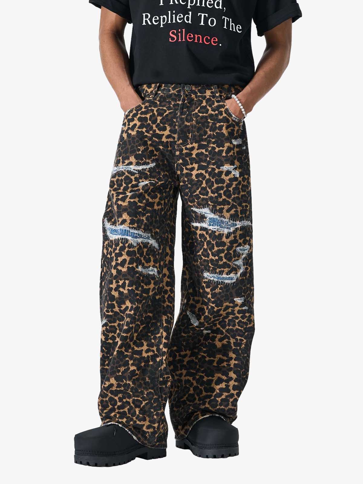 Bold Leopard Print Distressed Wide-Leg Jeans 
