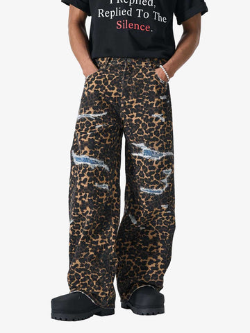Bold Leopard Print Distressed Wide-Leg Jeans 