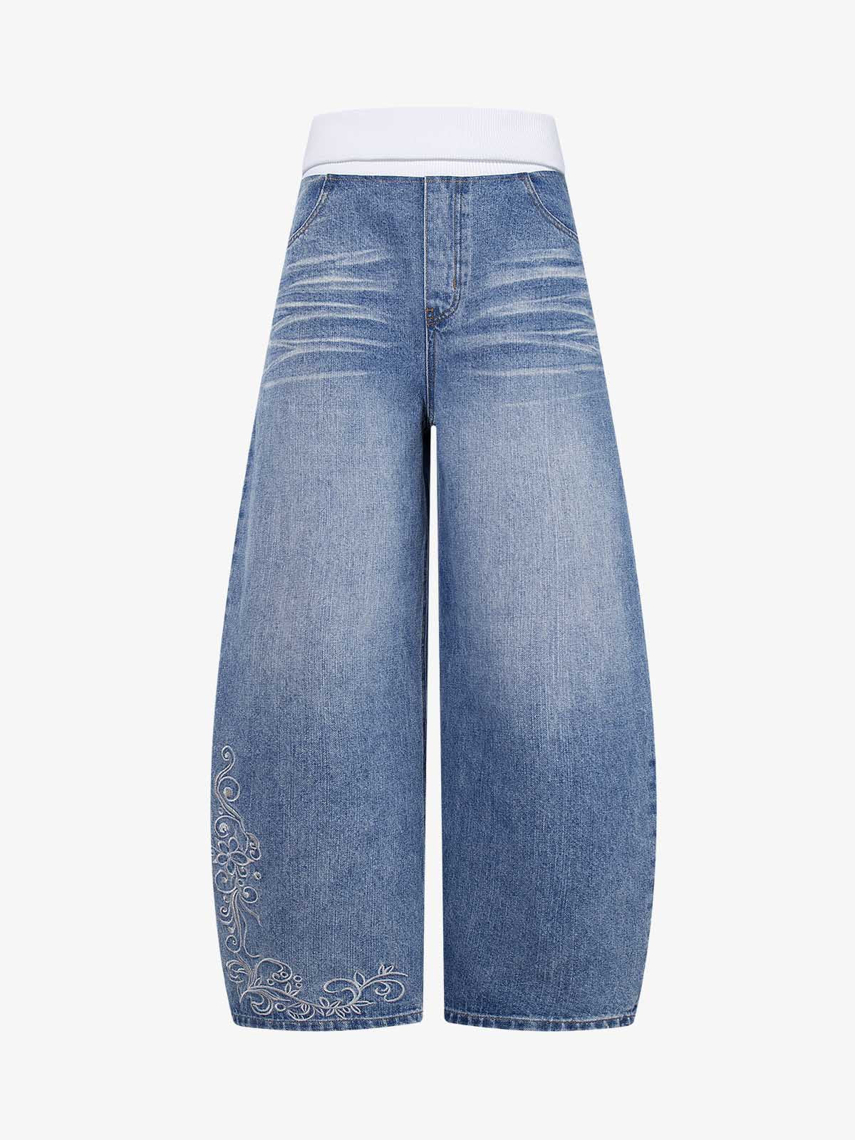 Ribbed Folded Waist Floral Embroidery Baggy Barrel Jeans