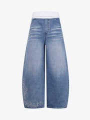 Ribbed Folded Waist Floral Embroidery Baggy Barrel Jeans