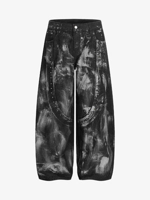 Tie-Dye Wide-Leg Denim Pants with Stud Detailing 