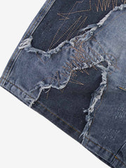 Bestickte Jeansshorts mit Used-Look und ausgefranstem Saum