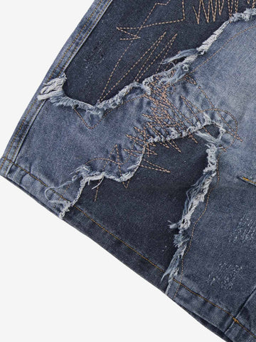 Embroidered Distressed Frayed-Hem Denim Shorts