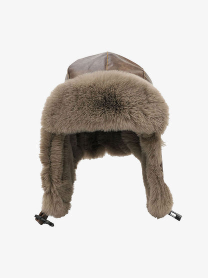 Vintage Distressed Leather Plush Trapper Hat 
