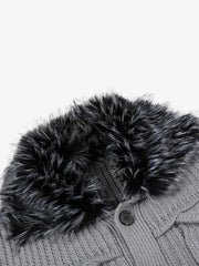 Faux-Fur Collar Distressed Knit Cardigan