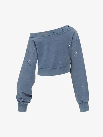 Flag Print Camo Off-Shoulder Cropped Sweatshirt