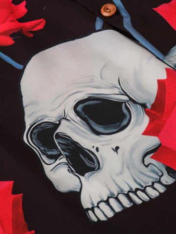 Gothic Skull Rose Camp Collar Boxy Shirt 