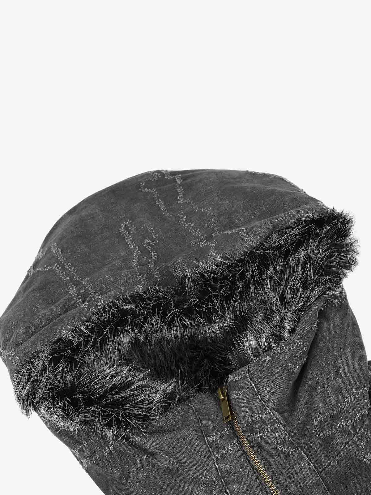 Distressed Faux-Fur Trim Hooded Utility Coat