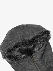 Distressed Faux-Fur Trim Hooded Utility Coat