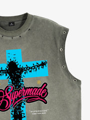 Crucifixion Graphic Studded Distressed Tank Top