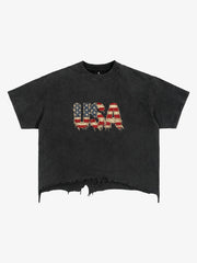 Ripped USA Flag Casual T-Shirt 