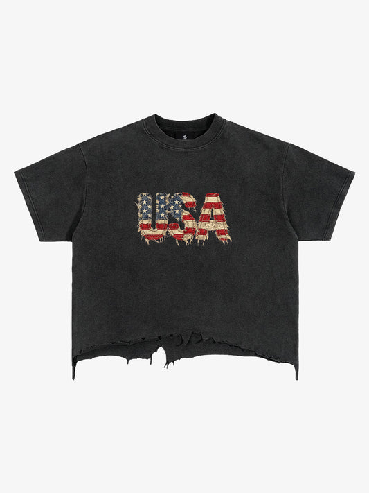 T-shirt décontracté à motif drapeau américain déchiré
