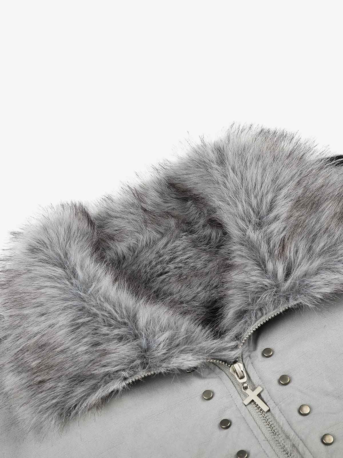 Studded Faux-Fur Collar Bomber Coat