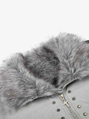 Studded Faux-Fur Collar Bomber Coat