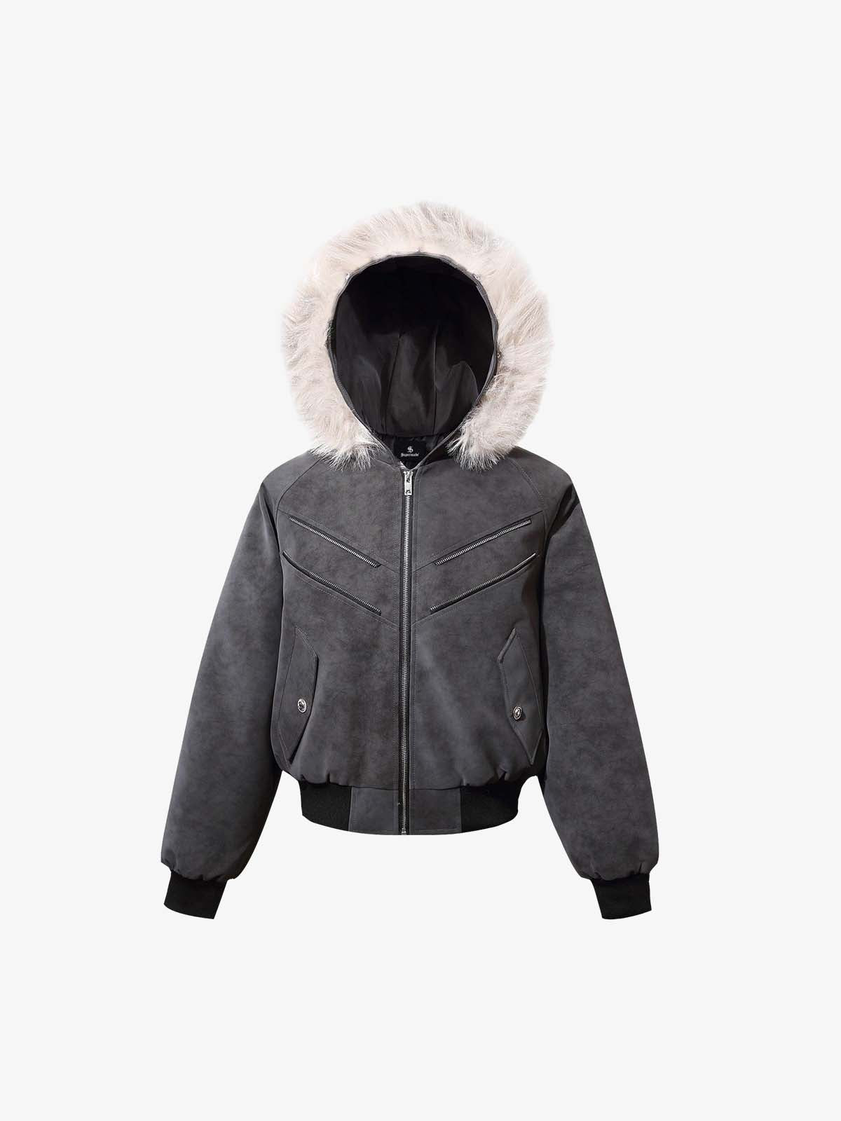 Faux Fur Trimmed Hood Suede Bomber Jacket 