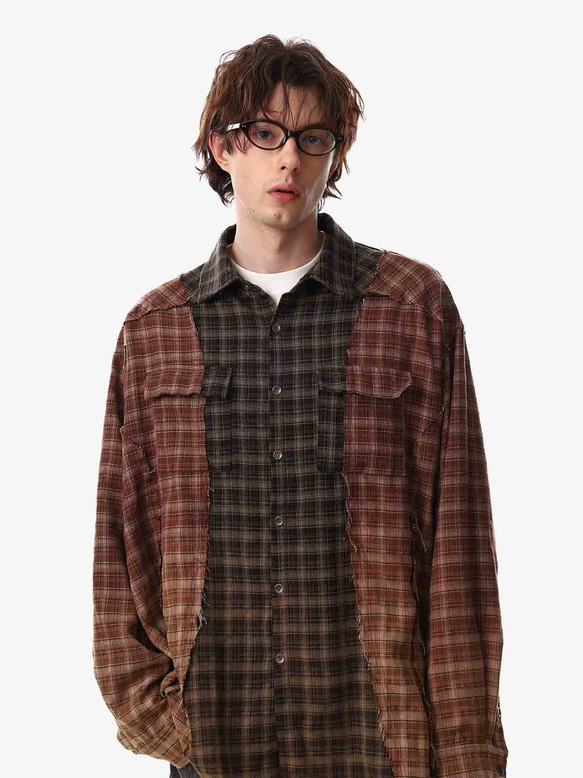 Patchwork Plaid Distressed Hem Shirt