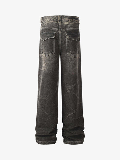 Washed Black Denim Wide Leg Jeans with Distressed Texture for Men 