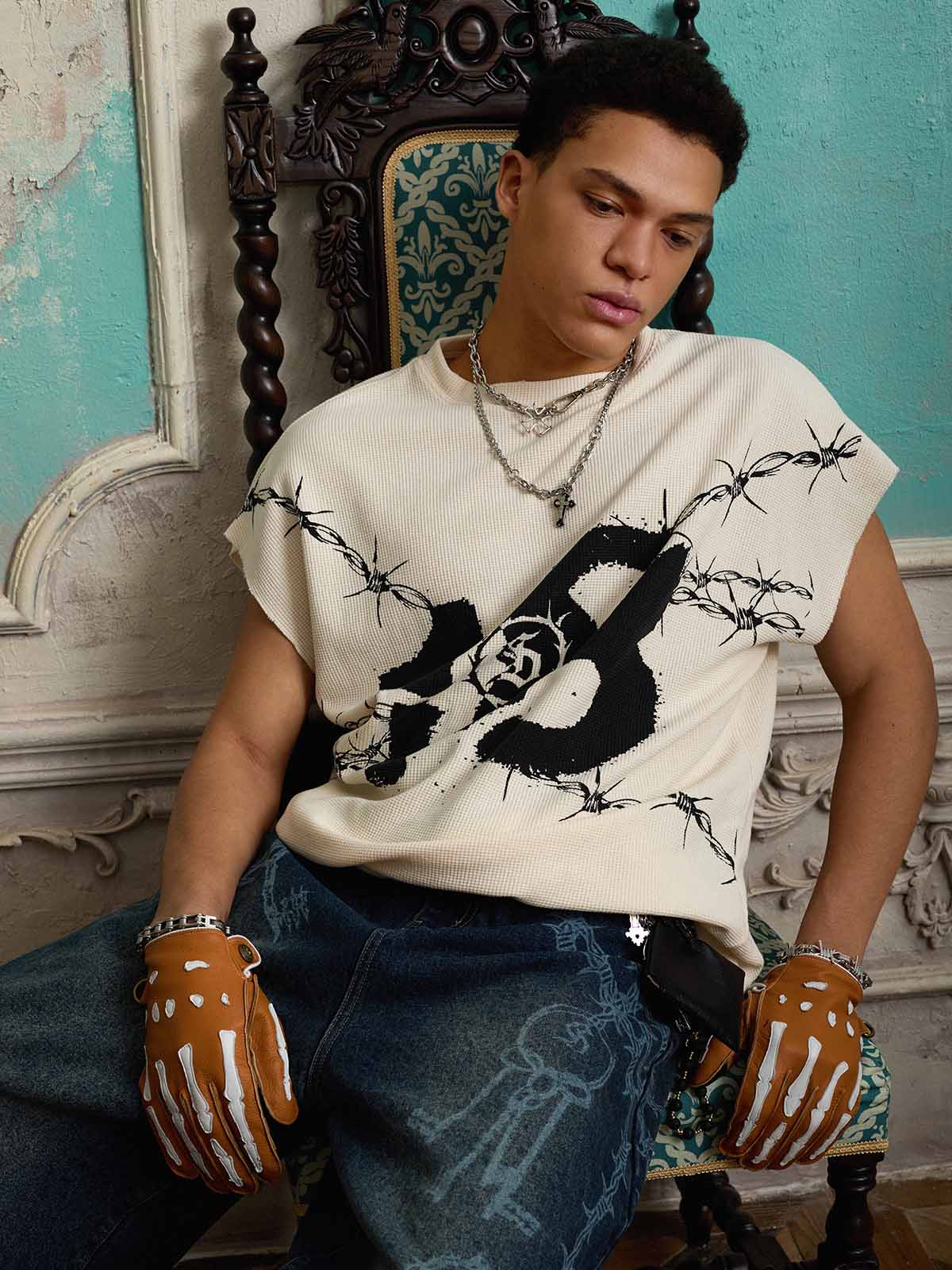 Supermade Waffle Thorn Print Sleeveless T-Shirt 