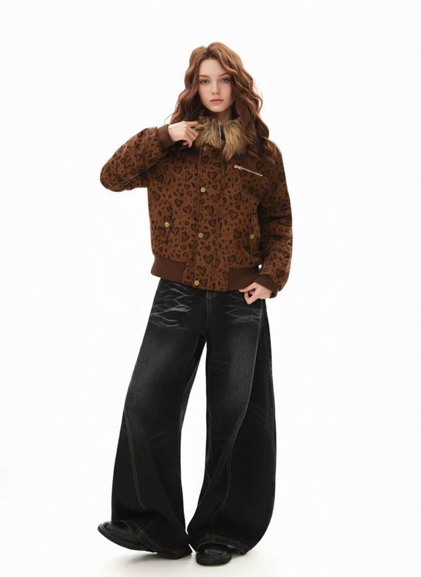 Detachable Fur Collar Heart Leopard Print Bomber Jacket 