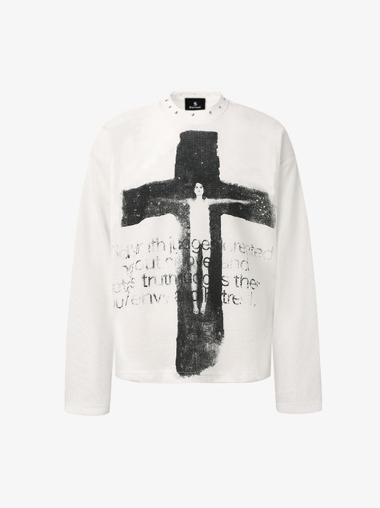 Dark Cross Print Waffle Long-Sleeve T-Shirt