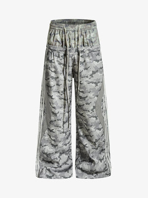 Double Waistband Elastic Waist Camo Side Panel Wide Leg Pants 