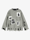 Distressed Photo Patch Oversized Knit Sweater