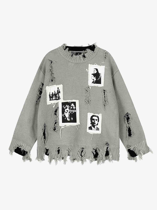 Distressed Photo Patch Oversized Knit Sweater