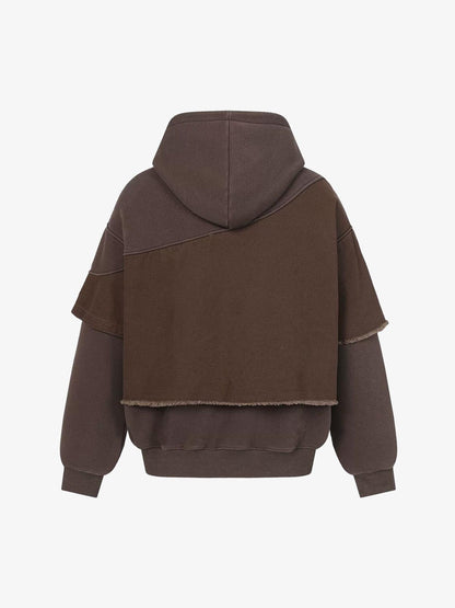Distressed Patchwork Raw-Edge Layered-Hem Fleece Hoodie 