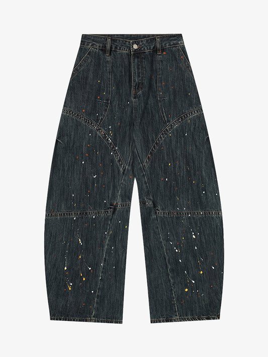 Distressed Denim Painter Pants with Artistic Splatter Design 