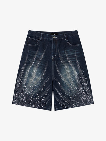Rhinestone Wave Denim Bermuda Shorts – Light Wash Relaxed Fit Statement Shorts