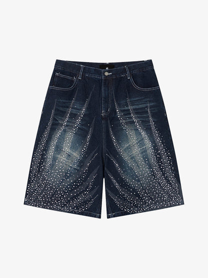 Rhinestone Wave Denim Bermuda Shorts – Light Wash Relaxed Fit Statement Shorts