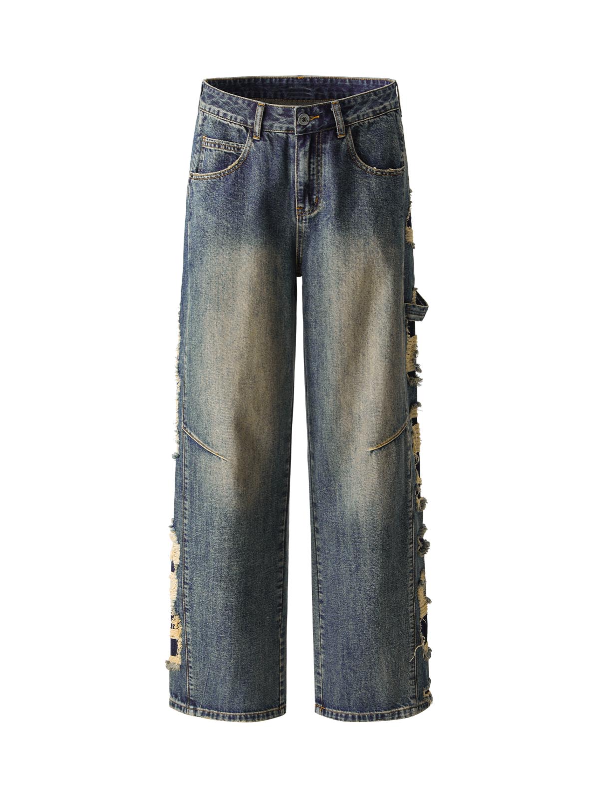 Washed Side Ripped Straight Jeans 