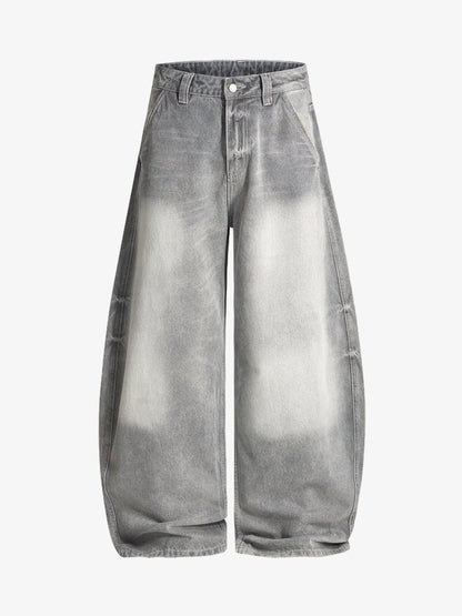 Retro Washed Distressed Curved Blade Wide-Leg Jeans 