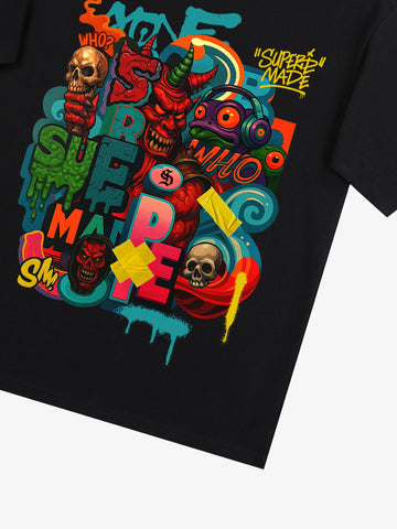 Trendy Multicolor Graffiti Skull Graphic T-Shirt 