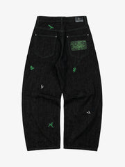 Green Soldier Embroidered Raw-Denim Banana Jeans